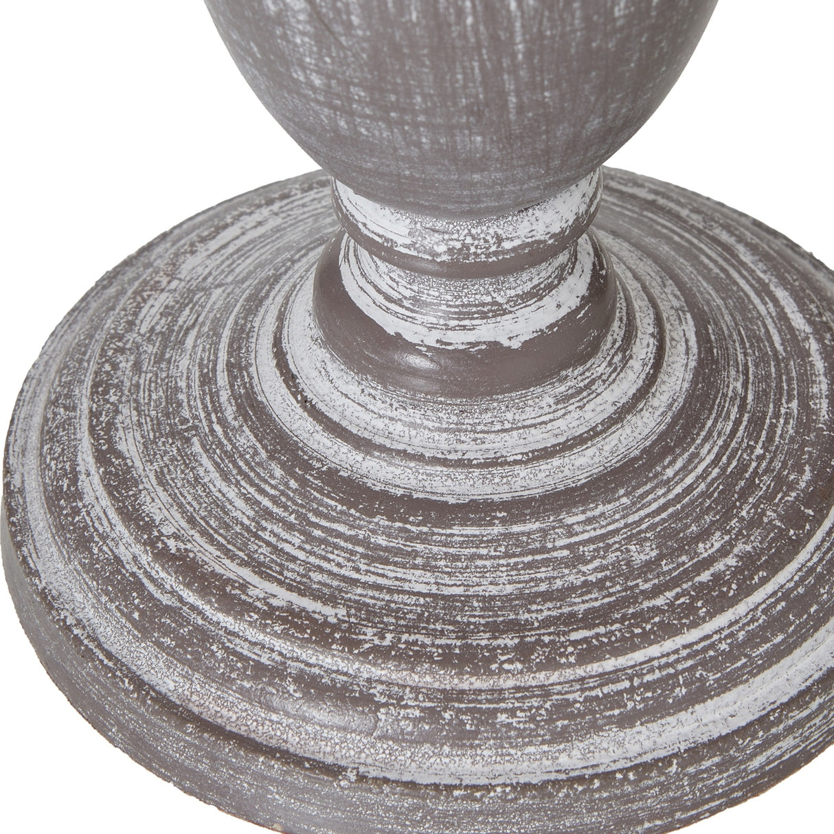 Close-up of the turned wooden urn base on the Hill Interiors Urn Table Lamp, showing its ringed pedestal foot in a distressed white painted finish.