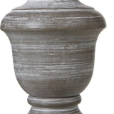 Close-up of the Hill Interiors Urn Table Lamp's turned wooden base in soft grey with visible grain, showing the rounded urn body and footed plinth.