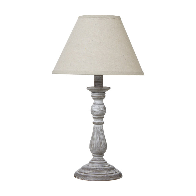 Hill Interiors Column Table Lamp with turned grey wooden base and tapered linen shade, shown on a plain white background.