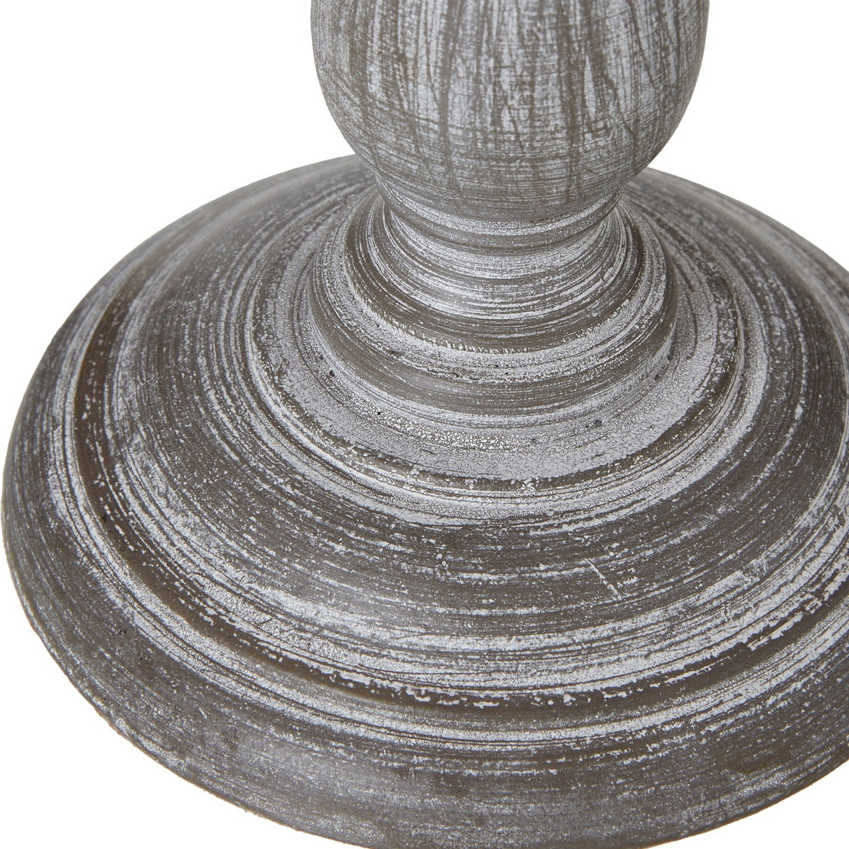 Close-up of the turned wooden base on the Hill Interiors Column Table Lamp, showing ridged detailing and a distressed grey finish.