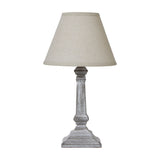 Hill Interiors Column Table Lamp with turned grey wooden base and tapered natural linen shade, shown against a plain white background.