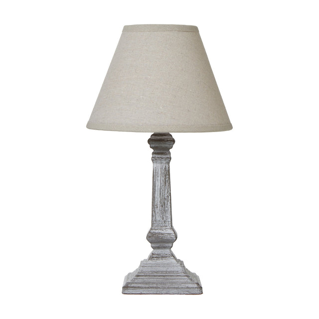 Hill Interiors Column Table Lamp with turned grey wooden base and tapered natural linen shade, shown against a plain white background.