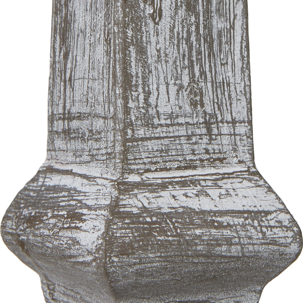Close-up of the turned wooden base on the Hill Interiors Column Table Lamp, showing a distressed grey finish with visible grain detail.