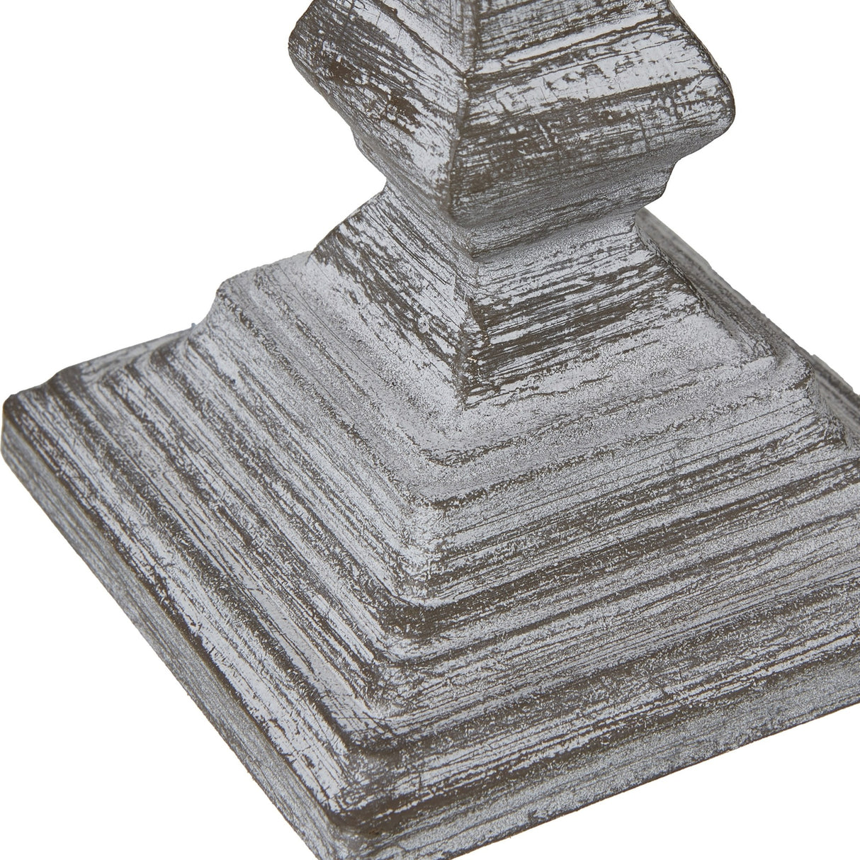 Close-up of the turned wooden base on the Hill Interiors Column Table Lamp, showing its tiered square plinth and distressed grey finish.