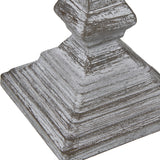 Close-up of the turned wooden base on the Hill Interiors Column Table Lamp, showing its tiered square plinth and distressed grey finish.