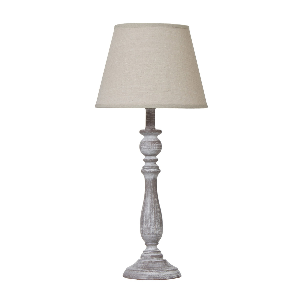 Hill Interiors Column Table Lamp with turned wooden base in soft white finish, topped with a natural linen tapered shade, on a plain background.