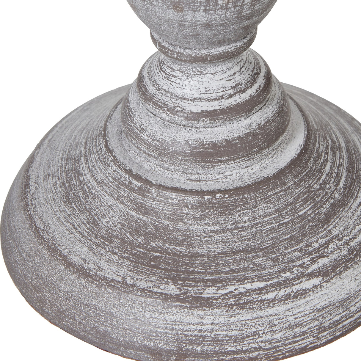 Close-up of the Hill Interiors Column Table Lamp's turned wooden base in a distressed white finish, showing the ringed detailing above the wide round foot.