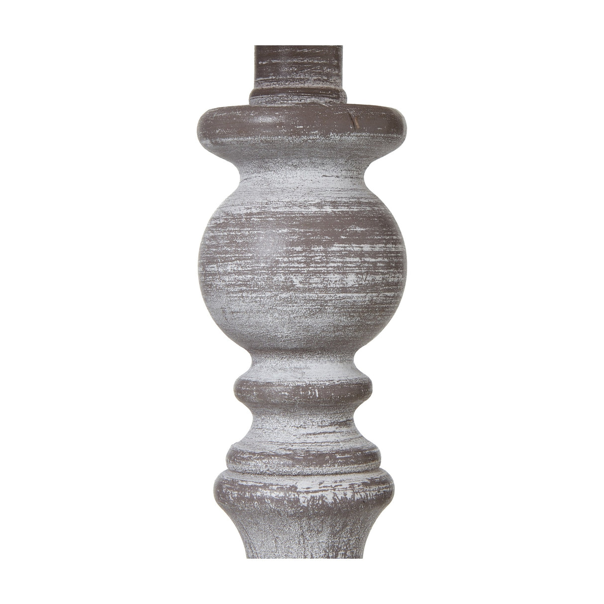 Close-up of the turned wooden column base on the Hill Interiors Column Table Lamp, showing the distressed white finish over exposed grain.