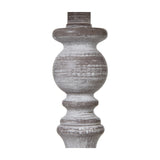 Close-up of the turned wooden column base on the Hill Interiors Column Table Lamp, showing the distressed white finish over exposed grain.