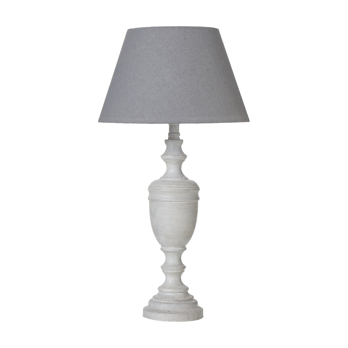 Hill Interiors Urn Table Lamp with turned grey wooden base and tapered natural linen shade in grey, shown on a plain white background.