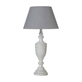 Hill Interiors Urn Table Lamp with turned grey wooden base and tapered natural linen shade in grey, shown on a plain white background.