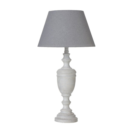 Hill Interiors Urn Table Lamp with turned grey wooden base and tapered natural linen shade in grey, shown on a plain white background.