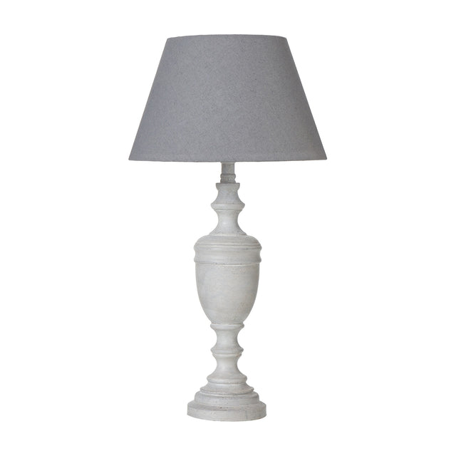 Hill Interiors Urn Table Lamp with turned grey wooden base and tapered natural linen shade in grey, shown on a plain white background.
