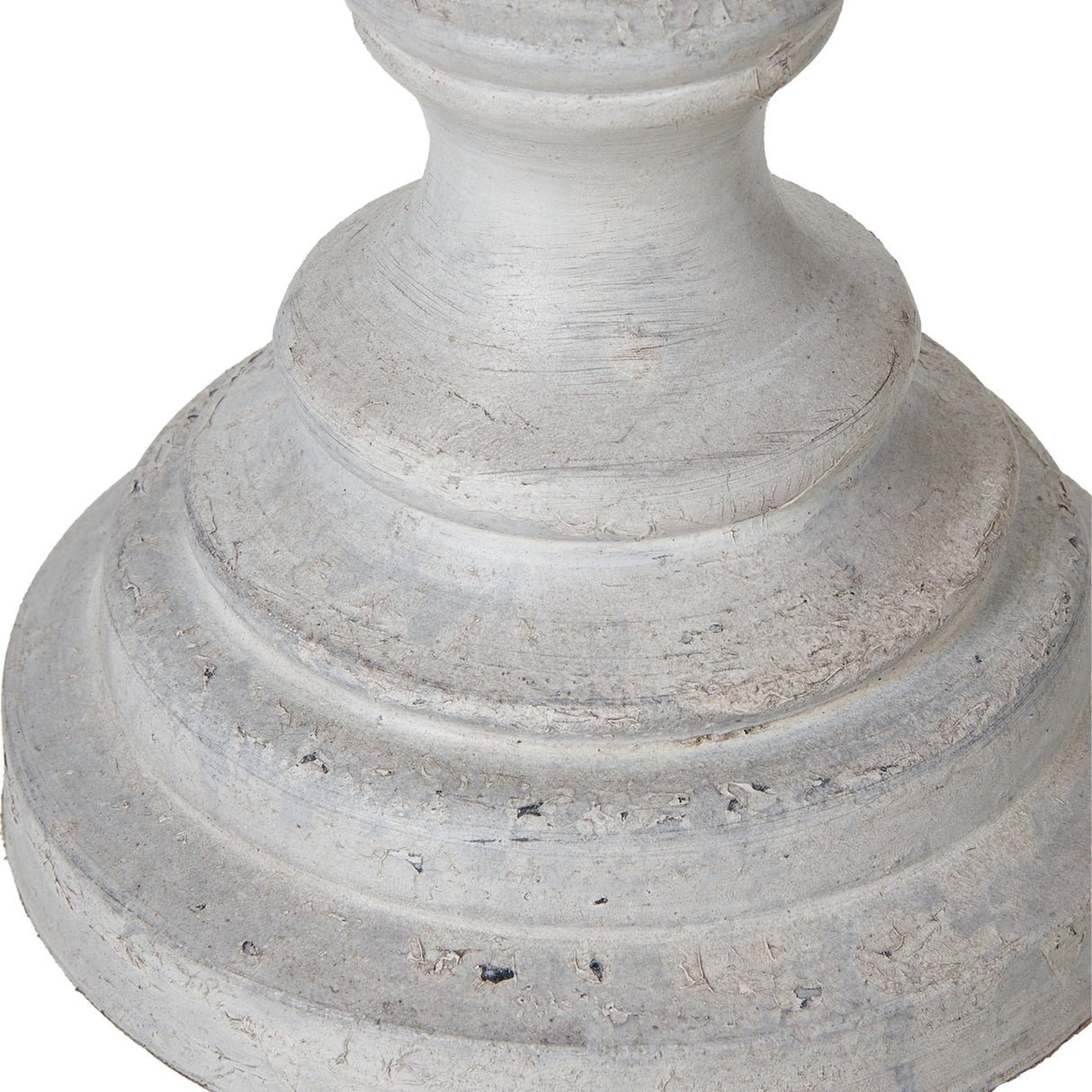 Close-up of the turned wooden base on the Hill Interiors Urn Table Lamp, showing tiered grey urn shaping with a distressed, textured finish.