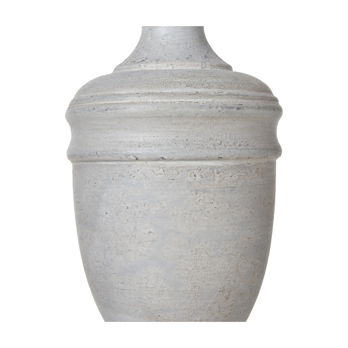 Close-up of the Hill Interiors Urn Table Lamp's turned wooden base, showing the classic urn shape and muted grey finish with visible texture.