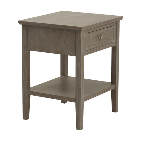 Hill Interiors Wooden One-Drawer Side Table in grey with a single top drawer, lower shelf and tapered legs, shown on a plain white background.