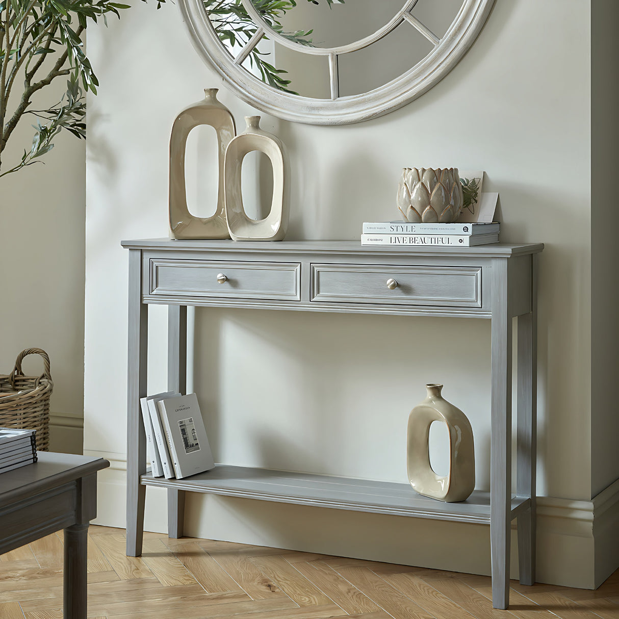Wooden Large Two-Drawer Console Table – Grey