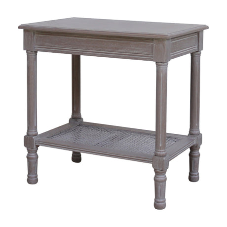 Hill Interiors Rattan Side Table in grey with solid wood frame, turned legs and woven rattan lower shelf, shown on a plain white background.