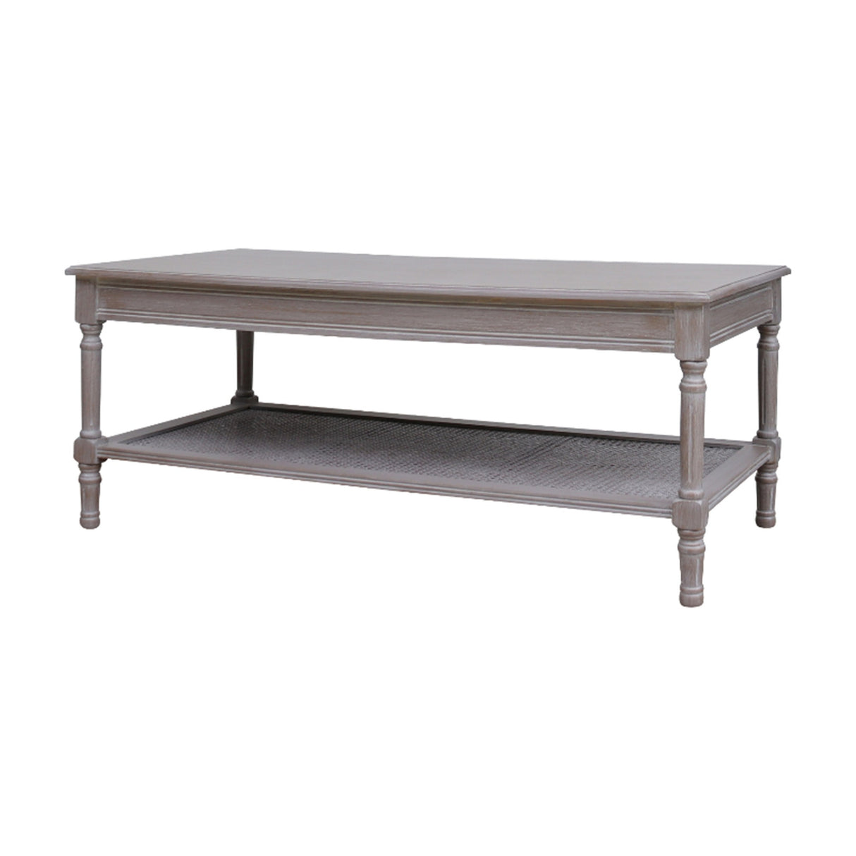 Hill Interiors Rattan Coffee Table in brown with a rectangular wooden top, turned legs and woven rattan lower shelf, on a plain background.