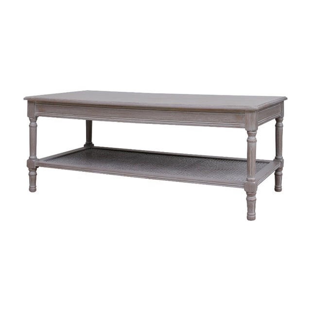 Hill Interiors Rattan Coffee Table in brown with a rectangular wooden top, turned legs and woven rattan lower shelf, on a plain background.