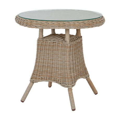 Hill Interiors outdoor bistro table with a round glass-topped woven beige rattan-effect base on four legs, shown against a plain white background.