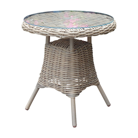 Hill Interiors Outdoor Bistro Table with Glass Top 72cm in beige, featuring a round woven rattan-effect base and clear glass top, on a white background.