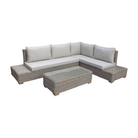 Hill Interiors large outdoor corner sofa in beige woven rattan with grey cushions and a matching glass-topped coffee table on a plain white background.