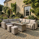 Ferranock Outdoor Large Corner Set with Riser Table and 2 Stools – Beige