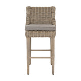 Hill Interiors Metal Outdoor Bar Stool in beige with woven rattan-effect frame, curved back and grey seat cushion, shown on a white background.