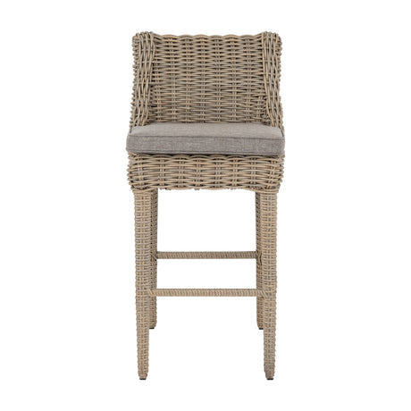 Hill Interiors Metal Outdoor Bar Stool in beige with woven rattan-effect frame, curved back and grey seat cushion, shown on a white background.