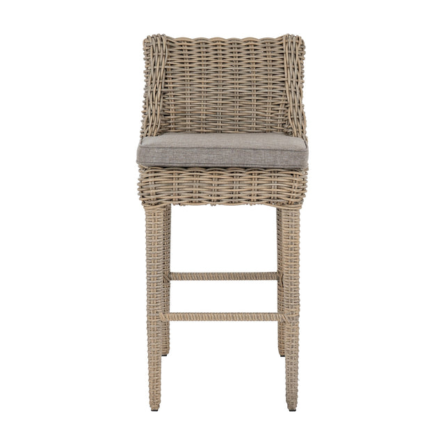 Hill Interiors Metal Outdoor Bar Stool in beige with woven rattan-effect frame, curved back and grey seat cushion, shown on a white background.