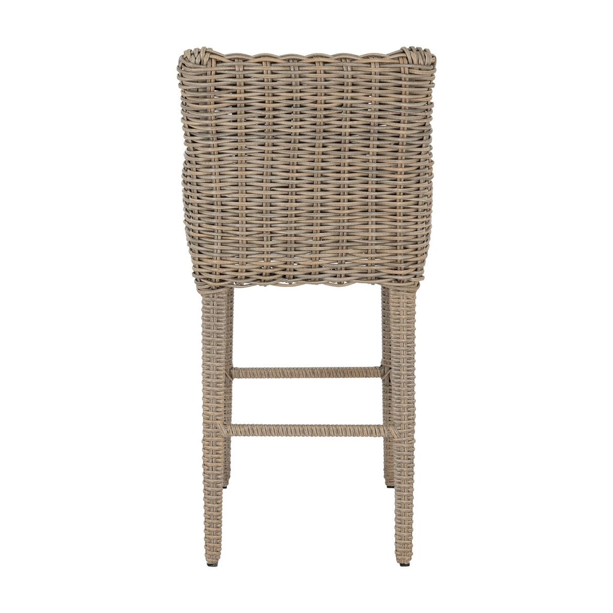 Hill Interiors Metal Outdoor Bar Stool in beige with woven rattan-effect back and legs, shown from the rear on a plain white background.