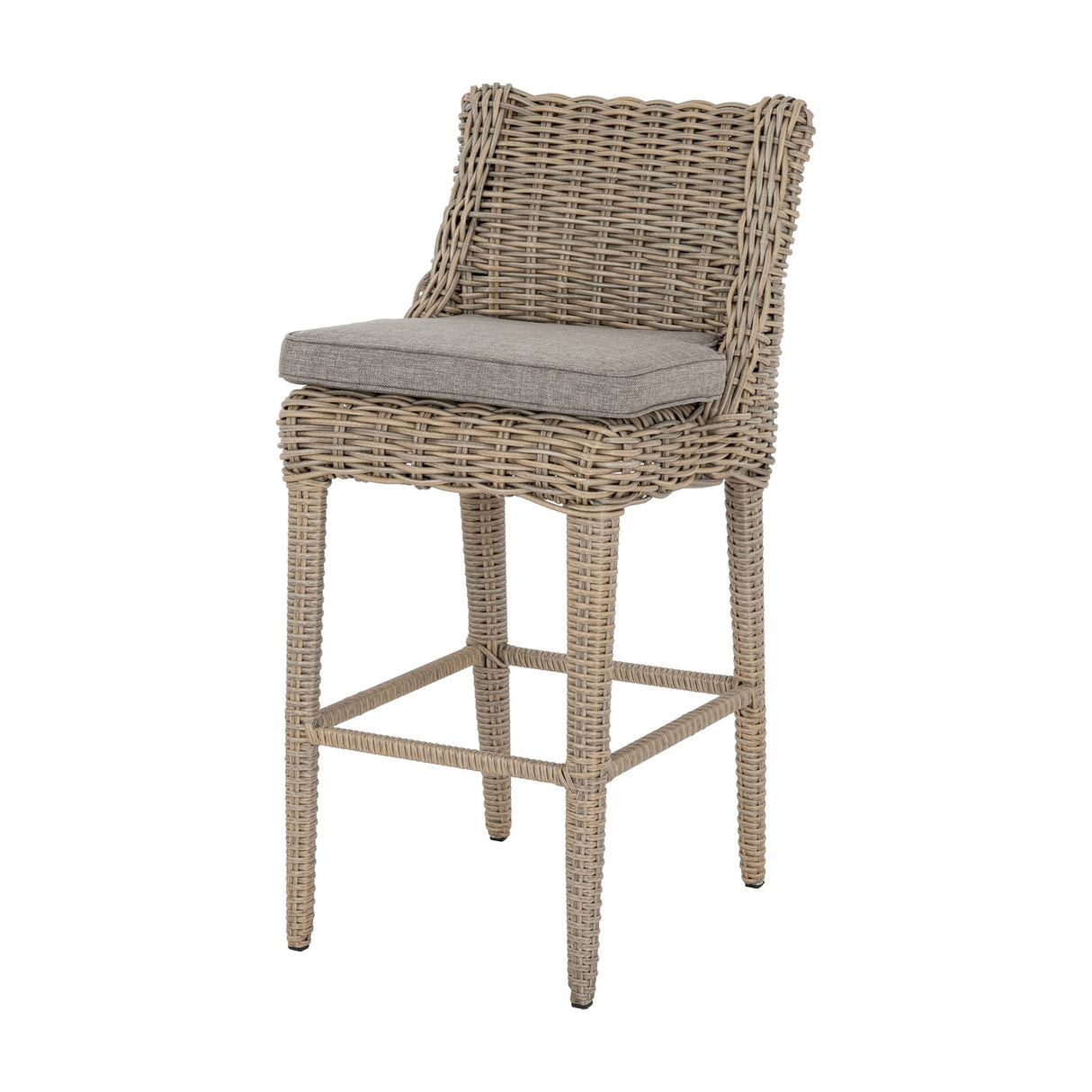 Hill Interiors Metal Outdoor Bar Stool in beige with woven rattan-effect frame, high back and grey seat cushion, shown on a plain white background.