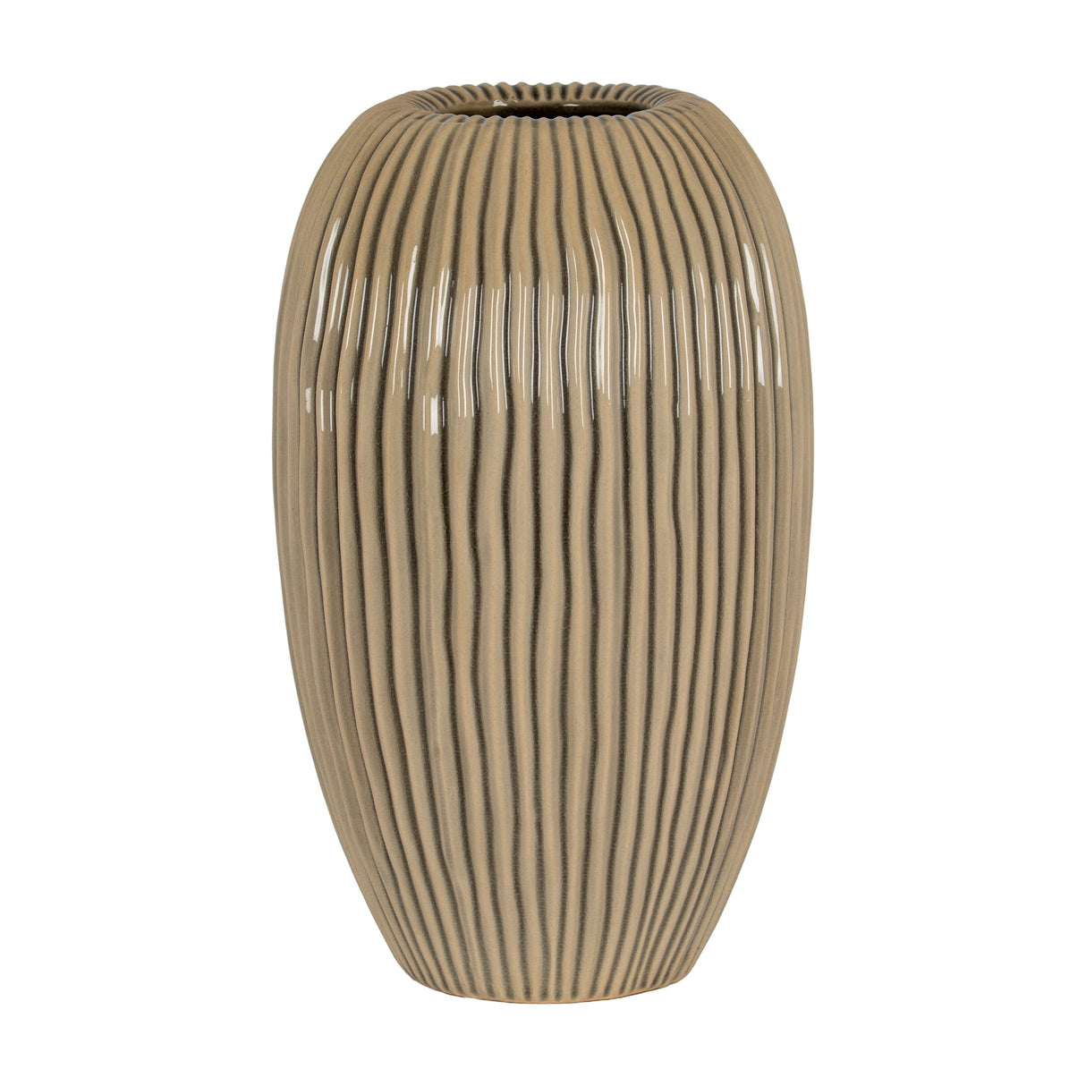 Hill Interiors Large Striped Ceramic Vase in brown, with a rounded ridged body narrowing to a small neck, shown on a plain white background.