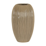 Hill Interiors Large Striped Ceramic Vase in brown, with a rounded ridged body narrowing to a small neck, shown on a plain white background.