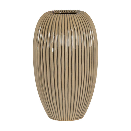 Hill Interiors Large Striped Ceramic Vase in brown, with a rounded ridged body narrowing to a small neck, shown on a plain white background.