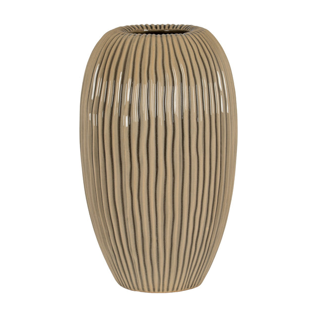 Hill Interiors Large Striped Ceramic Vase in brown, with a rounded ridged body narrowing to a small neck, shown on a plain white background.