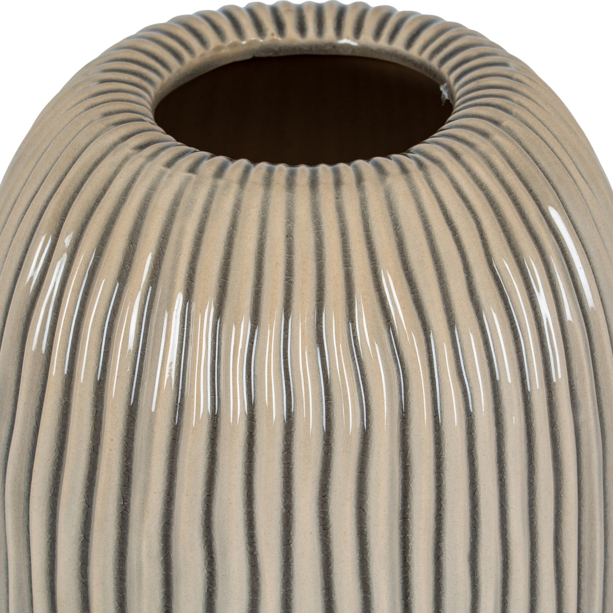 Close-up of the Hill Interiors Large Striped Ceramic Vase in brown, showing the ridged glazed surface, rounded body and narrow opening.