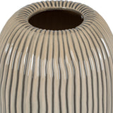 Close-up of the Hill Interiors Large Striped Ceramic Vase in brown, showing the ridged glazed surface, rounded body and narrow opening.