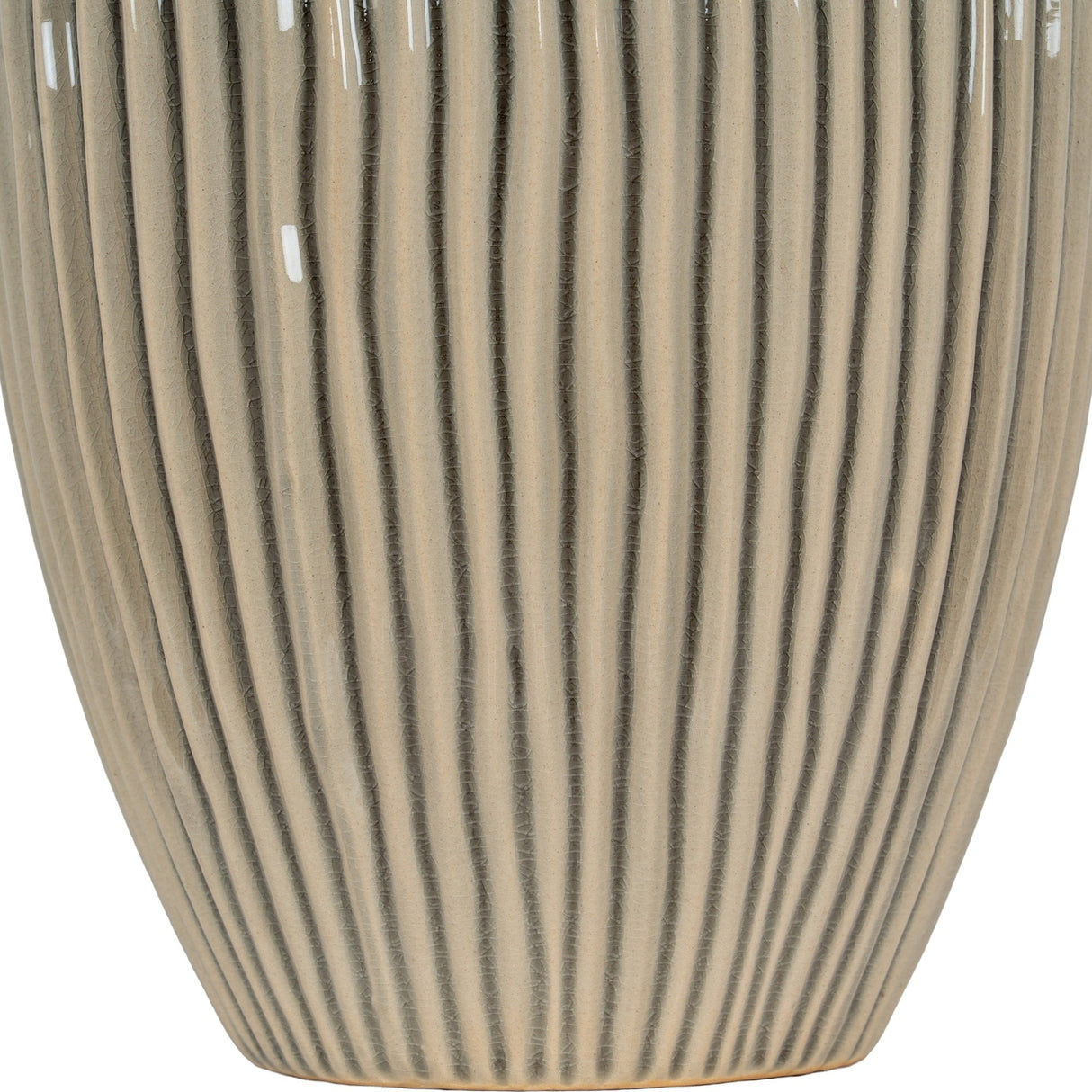 Close-up of the Hill Interiors Large Striped Ceramic Vase in brown, showing the ridged, vertically striped body and glazed crackle finish.