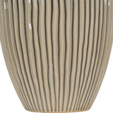 Close-up of the Hill Interiors Large Striped Ceramic Vase in brown, showing the ridged, vertically striped body and glazed crackle finish.