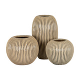 Hill Interiors Large Striped Ceramic Vase in brown, shown as a trio of ridged rounded and tall forms with glazed finish on a white background.