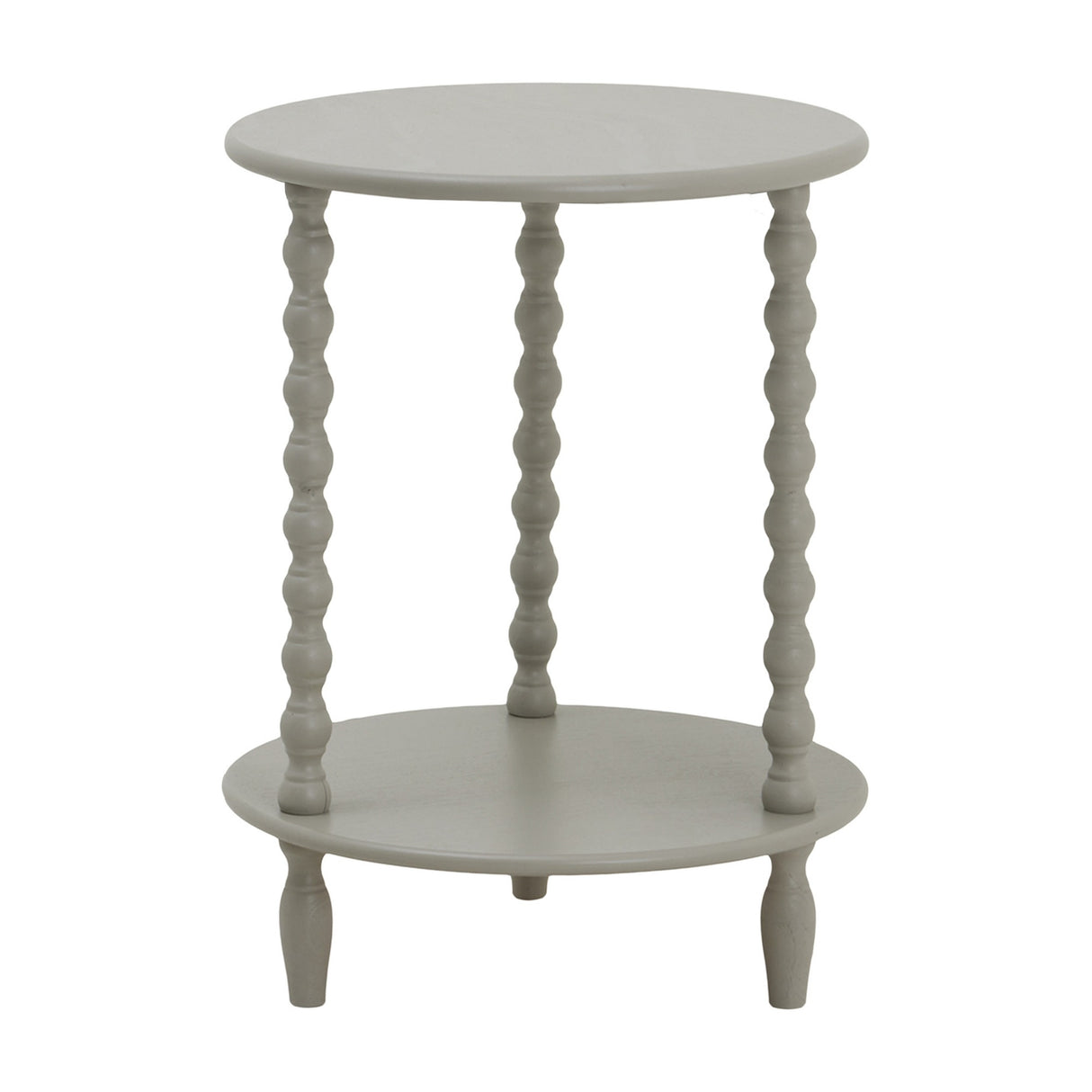 Hill Interiors Round Wooden Side Table in grey with a circular top, three turned spindle supports, lower shelf and turned feet, on a plain background.