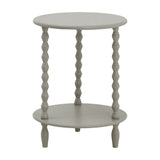 Hill Interiors Round Wooden Side Table in grey with a circular top, three turned spindle supports, lower shelf and turned feet, on a plain background.
