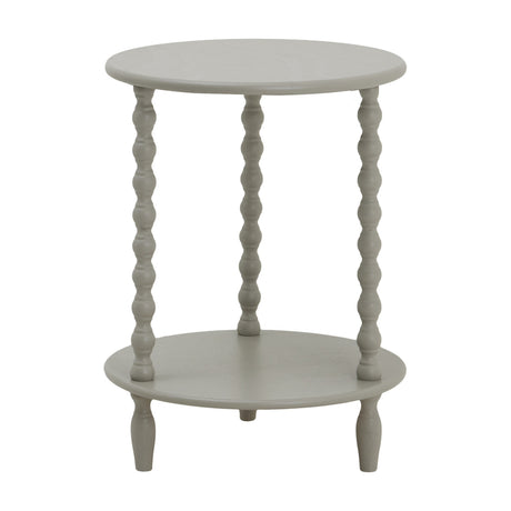 Hill Interiors Round Wooden Side Table in grey with a circular top, three turned spindle supports, lower shelf and turned feet, on a plain background.