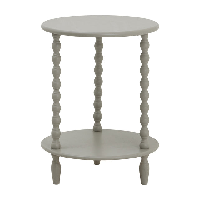 Hill Interiors Round Wooden Side Table in grey with a circular top, three turned spindle supports, lower shelf and turned feet, on a plain background.