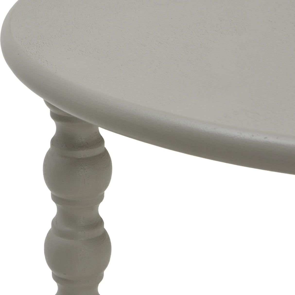 Close-up of the Hill Interiors Round Wooden Side Table in grey, showing the smooth circular top edge and turned wooden leg with rounded detailing.