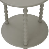 Close-up of Hill Interiors Round Wooden Side Table in grey, showing turned bobbin legs supporting the circular top and lower shelf.
