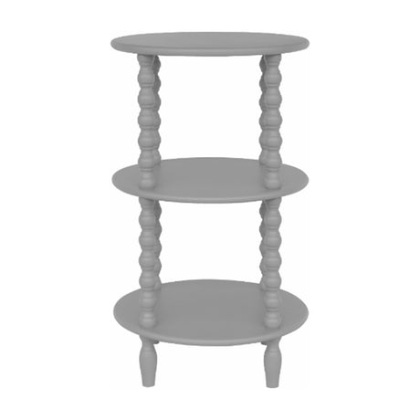 Hill Interiors Wooden Three-Tier Side Table in grey, featuring round tops stacked on turned bobbin-style legs, shown against a plain white background.
