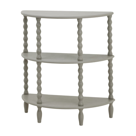 Hill Interiors Half Moon 3 Tier Side Table in grey wood with curved shelves and turned spindle legs, shown on a plain white background.